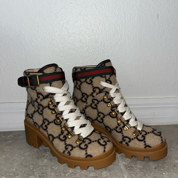 GUCCI BIG GG WOOL LACE UP COMBAT MOTO BOOTS - Picture 5 of 11